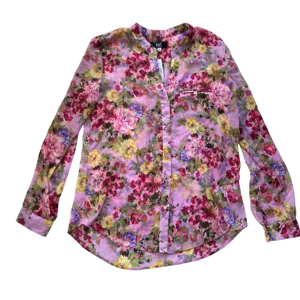 NWT Kut from the Kloth Sheer Button Up Blouse Size Large Vintage Floral Indie